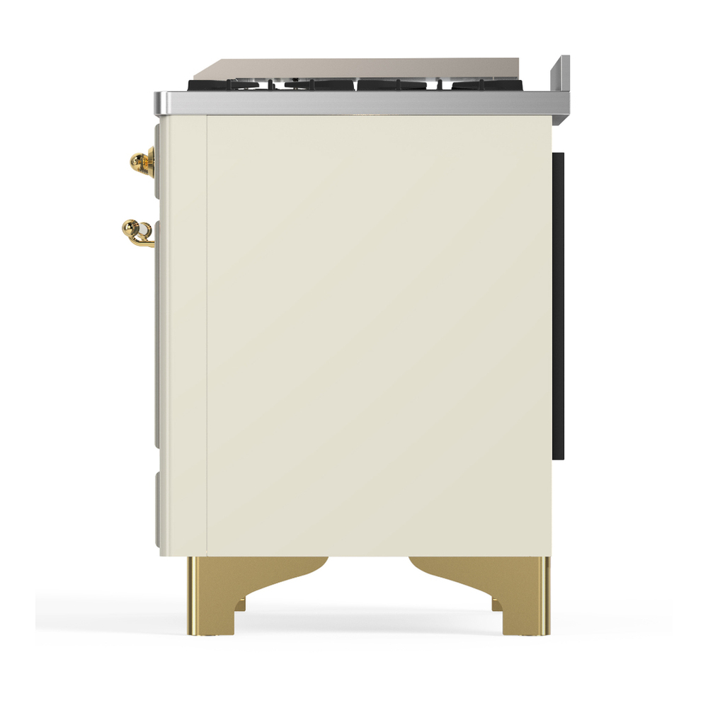 ILVE UM48FQNR3AWG Majestic III 48 inch Dual Fuel Range with 8 Burners and Griddle, Dual Function Burner up to 25,000 BTU (Natural Gas, Solid Door, Antique White, Brass) 9 ILVE-UM48FQNR3AWG-Left Side View