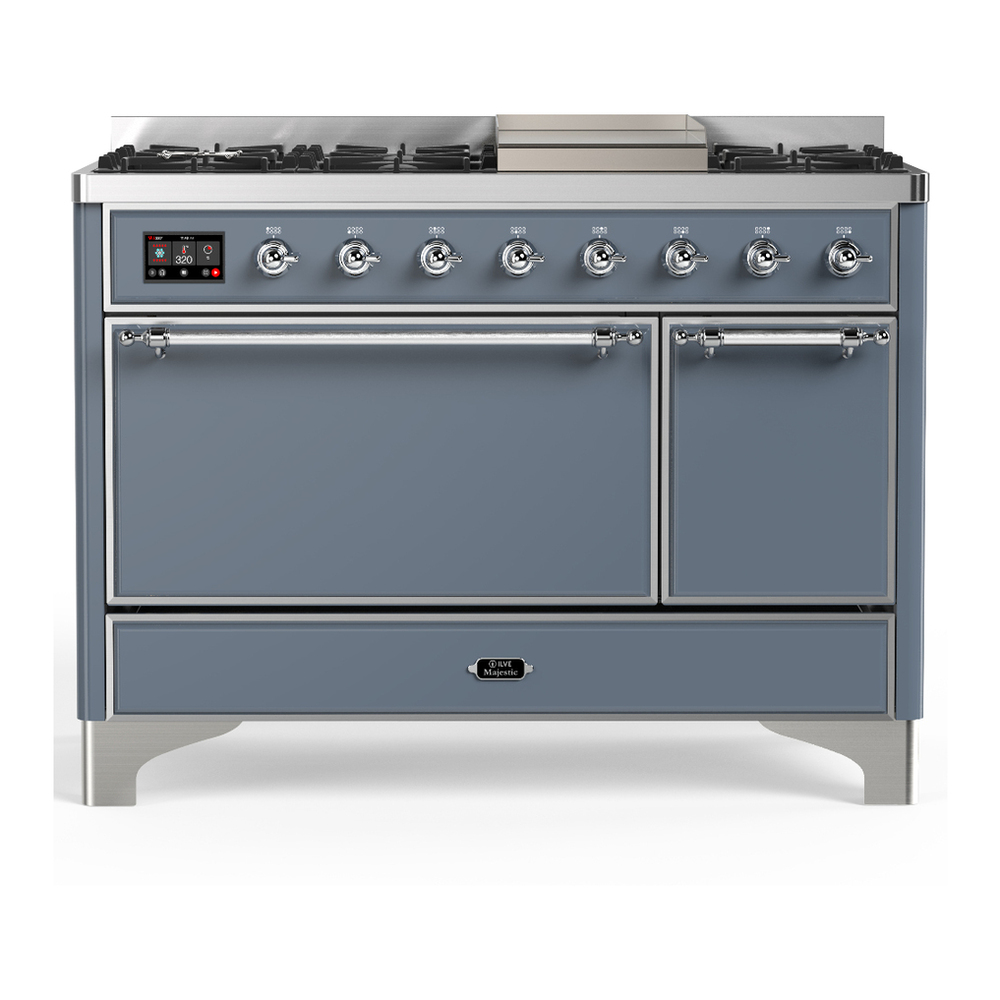 ILVE UM48FQNR3BGC Majestic III 48 inch Dual Fuel Range with 8 Burners and Griddle, Dual Function Burner up to 25,000 BTU (Natural Gas, Solid Door, Blue Grey, Chrome) 1 UM48FQNR3BGC