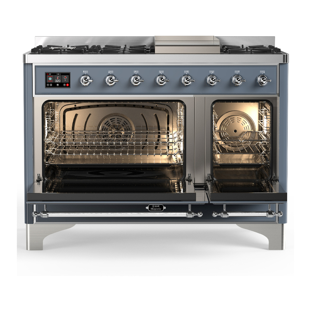 ILVE UM48FQNR3BGC Majestic III 48 inch Dual Fuel Range with 8 Burners and Griddle, Dual Function Burner up to 25,000 BTU (Natural Gas, Solid Door, Blue Grey, Chrome) 2 ILVE-UM48FQNR3BGC-Double Oven Open View