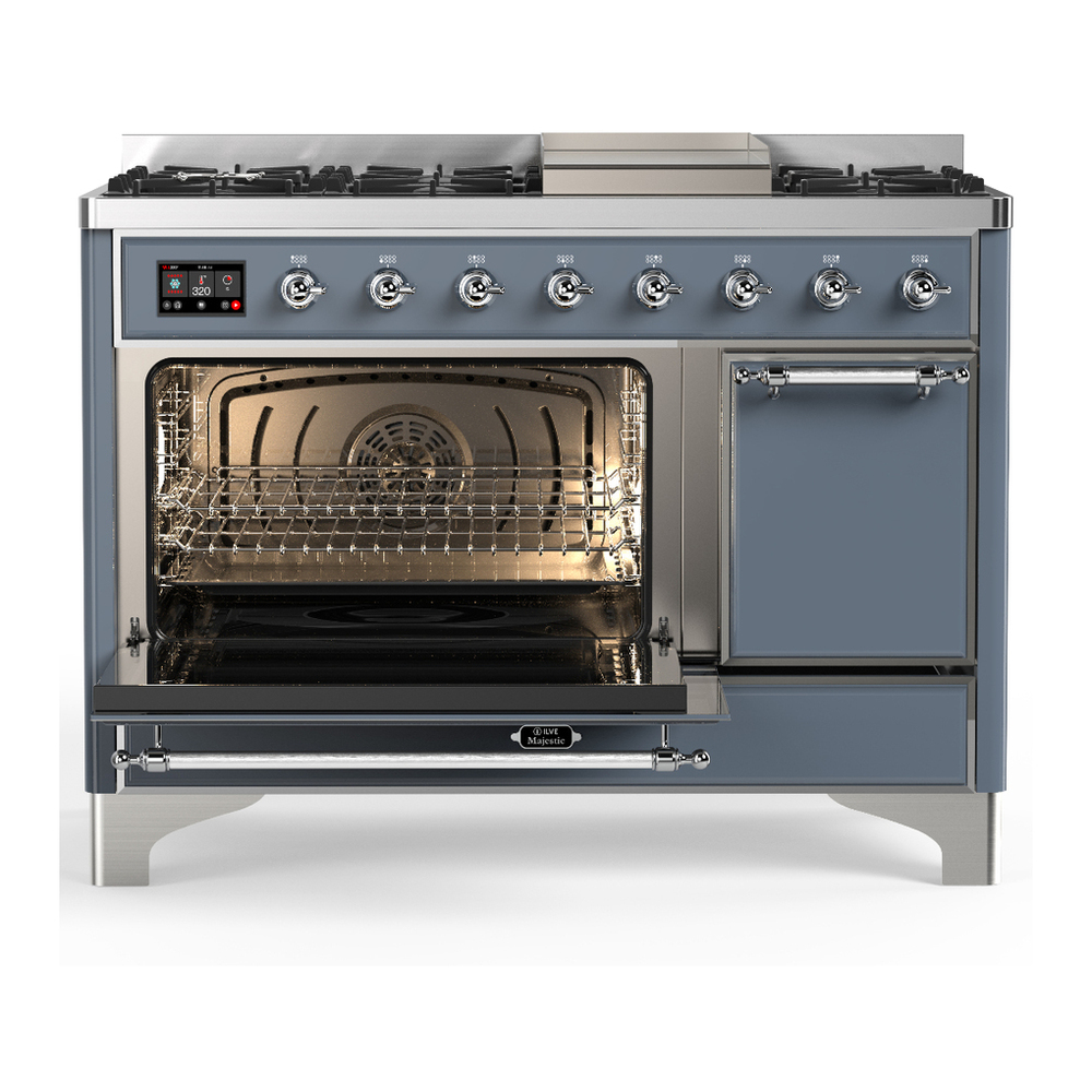 ILVE UM48FQNR3BGC Majestic III 48 inch Dual Fuel Range with 8 Burners and Griddle, Dual Function Burner up to 25,000 BTU (Natural Gas, Solid Door, Blue Grey, Chrome) 3 ILVE-UM48FQNR3BGC-Primary Oven Open View