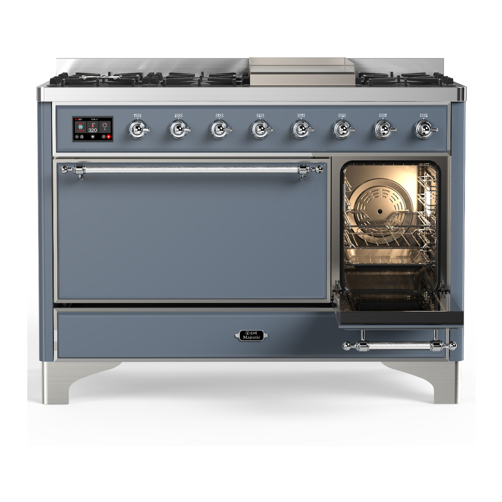 ILVE UM48FQNR3BGC Majestic III 48 inch Dual Fuel Range with 8 Burners and Griddle, Dual Function Burner up to 25,000 BTU (Natural Gas, Solid Door, Blue Grey, Chrome) 4 ILVE-UM48FQNR3BGC-Secondary Oven Open View