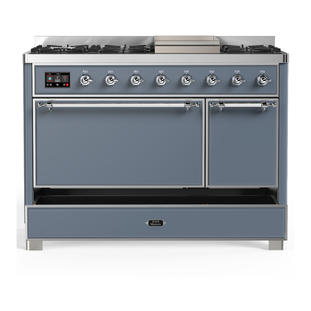 ILVE UM48FQNR3BGC Majestic III 48 inch Dual Fuel Range with 8 Burners and Griddle, Dual Function Burner up to 25,000 BTU (Natural Gas, Solid Door, Blue Grey, Chrome) 5 ILVE-UM48FQNR3BGC-Drawer Open View