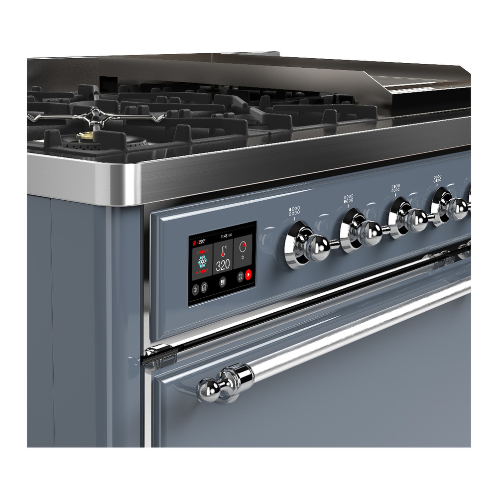 ILVE UM48FQNR3BGC Majestic III 48 inch Dual Fuel Range with 8 Burners and Griddle, Dual Function Burner up to 25,000 BTU (Natural Gas, Solid Door, Blue Grey, Chrome) 7 ILVE-UM48FQNR3BGC-Control Knobs View