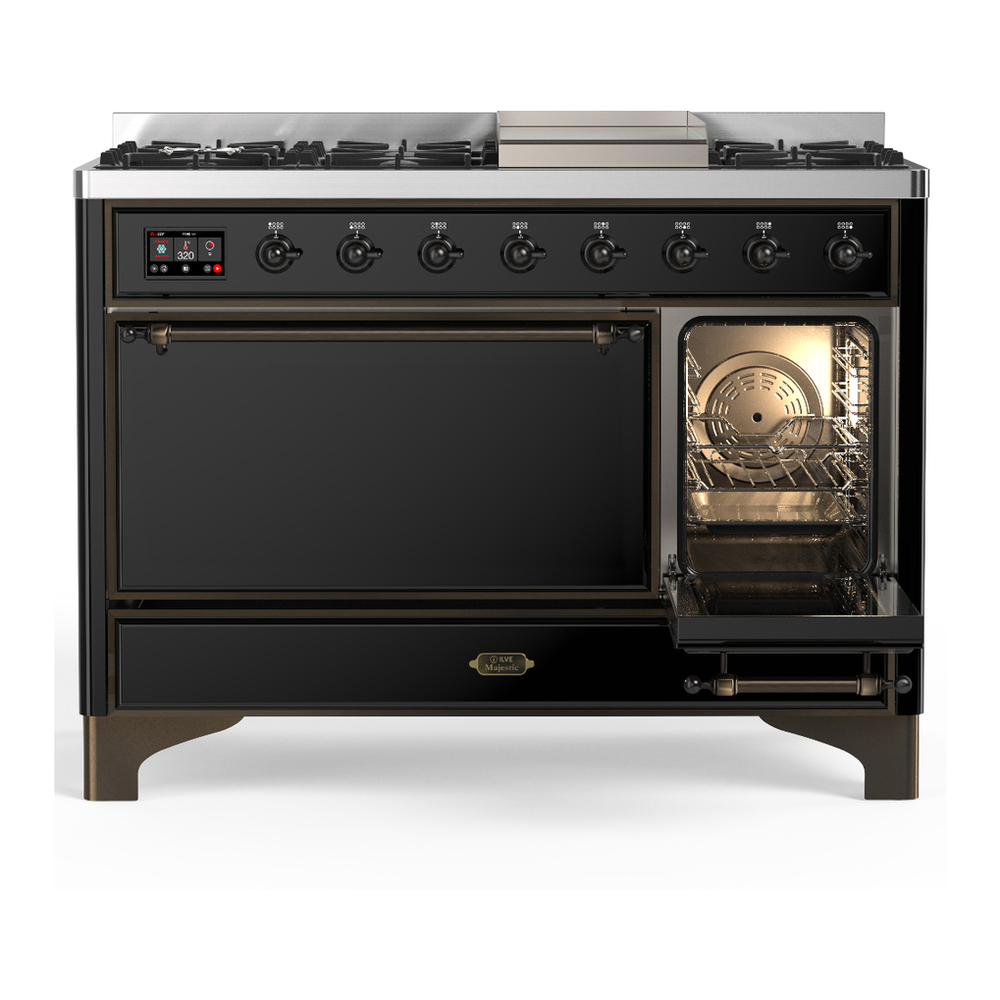 ILVE UM48FQNR3BKBLP Majestic III 48 inch Dual Fuel Range with 8 Burners and Griddle, Dual Function Burner up to 25,000 BTU (Liquid Propane, Solid Door, Glossy Black, Burnished) 4 ILVE-UM48FQNR3BKBLP-Secondary Oven Open View