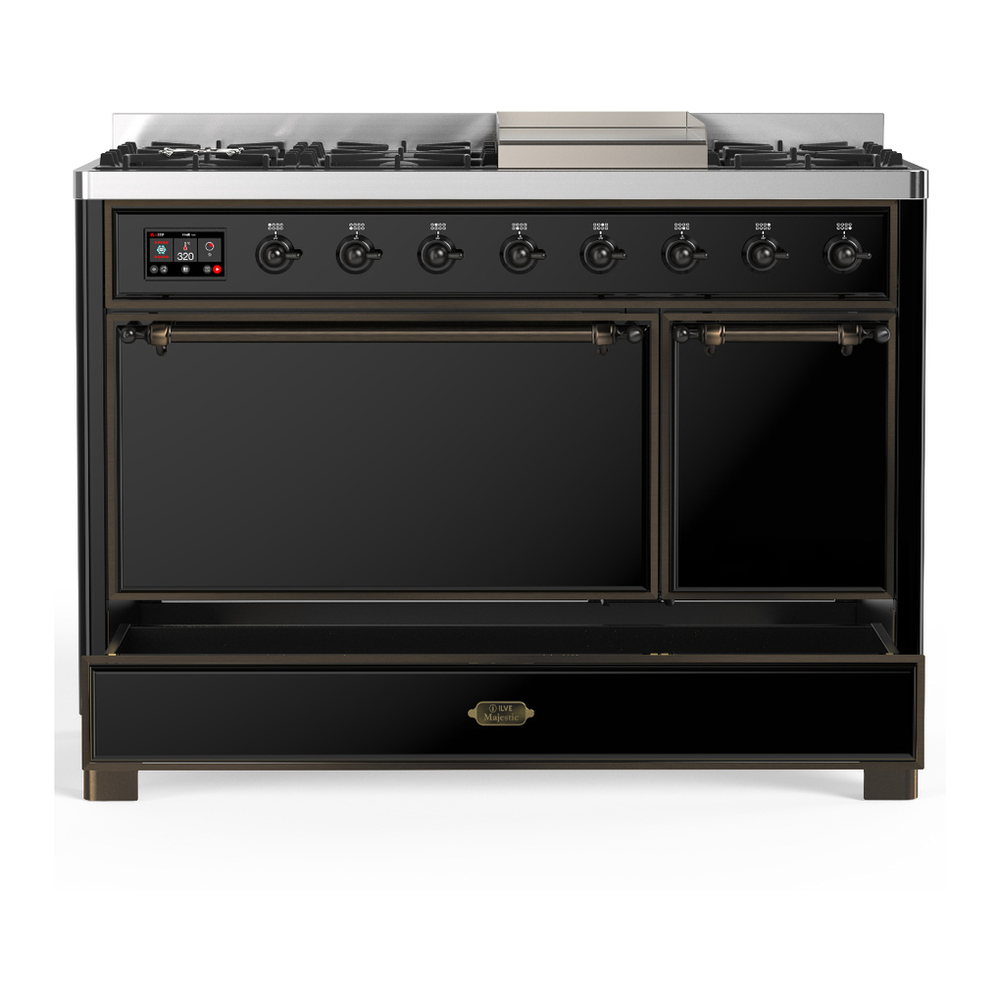 ILVE UM48FQNR3BKBLP Majestic III 48 inch Dual Fuel Range with 8 Burners and Griddle, Dual Function Burner up to 25,000 BTU (Liquid Propane, Solid Door, Glossy Black, Burnished) 5 ILVE-UM48FQNR3BKBLP-Drawer Open View