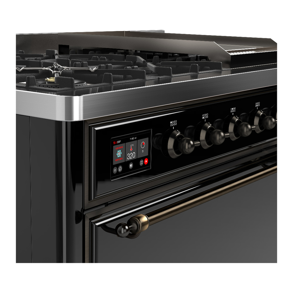 ILVE UM48FQNR3BKBLP Majestic III 48 inch Dual Fuel Range with 8 Burners and Griddle, Dual Function Burner up to 25,000 BTU (Liquid Propane, Solid Door, Glossy Black, Burnished) 7 ILVE-UM48FQNR3BKBLP-Control Knobs View
