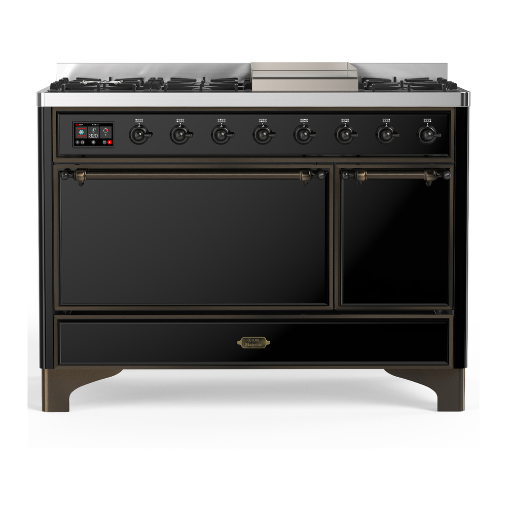 ILVE UM48FQNR3BKB Majestic III 48 inch Dual Fuel Range with 8 Burners and Griddle, Dual Function Burner up to 25,000 BTU (Natural Gas, Solid Door, Glossy Black, Burnished) 1 UM48FQNR3BKB