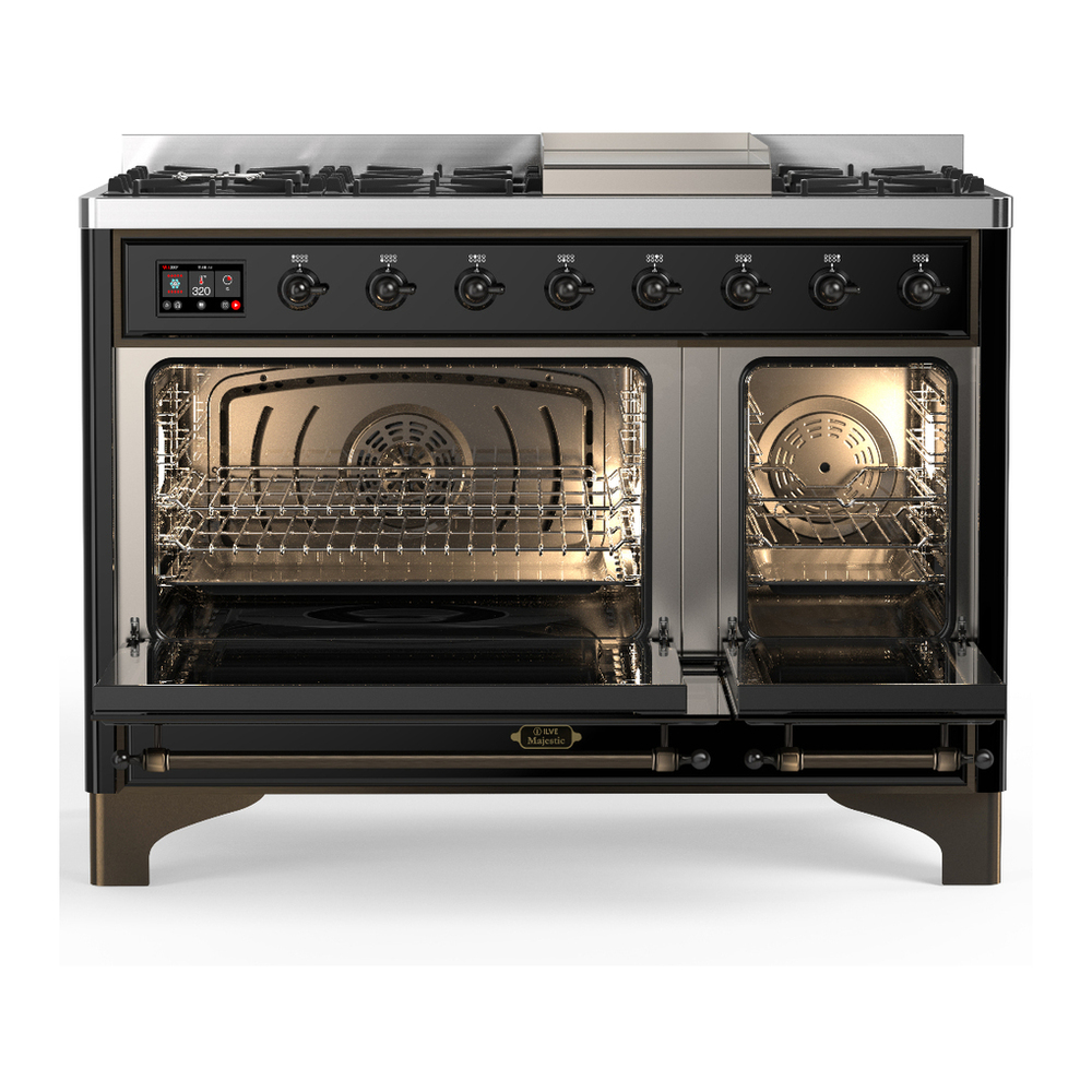 ILVE UM48FQNR3BKB Majestic III 48 inch Dual Fuel Range with 8 Burners and Griddle, Dual Function Burner up to 25,000 BTU (Natural Gas, Solid Door, Glossy Black, Burnished) 2 ILVE-UM48FQNR3BKB-Double Oven Open View