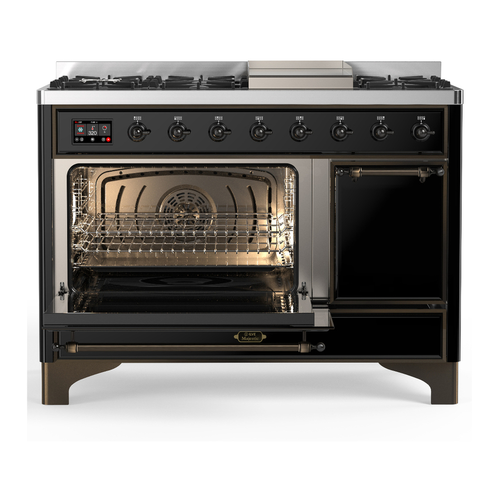 ILVE UM48FQNR3BKB Majestic III 48 inch Dual Fuel Range with 8 Burners and Griddle, Dual Function Burner up to 25,000 BTU (Natural Gas, Solid Door, Glossy Black, Burnished) 3 ILVE-UM48FQNR3BKB-Primary Oven Open View