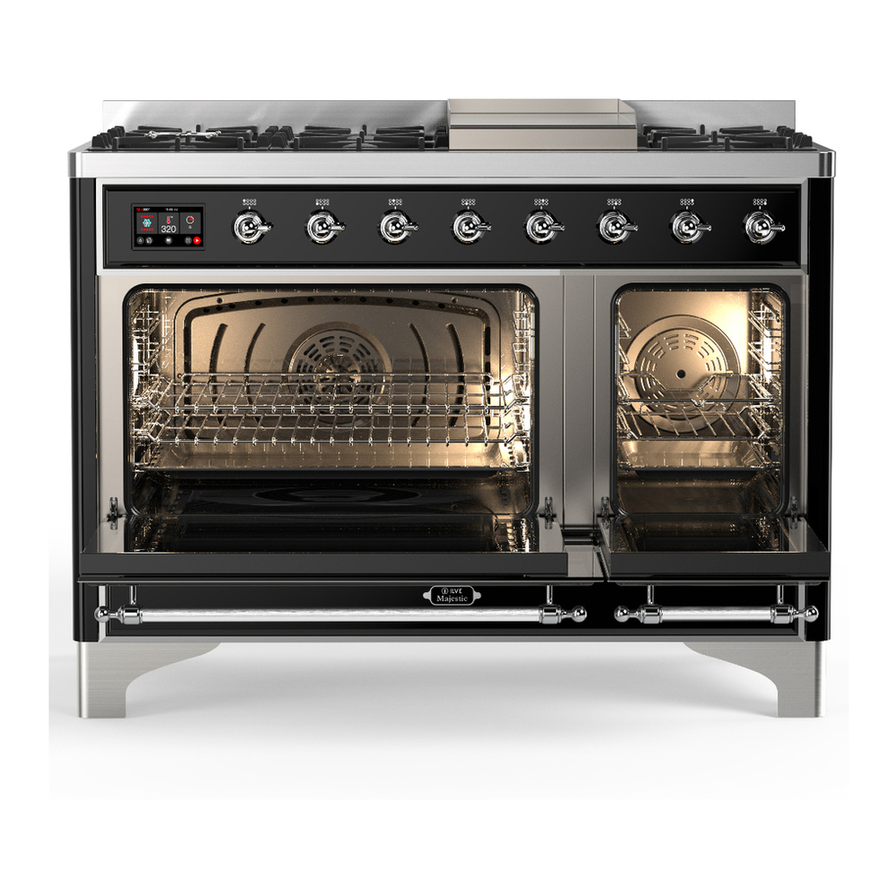 ILVE UM48FQNR3BKCLP Majestic III 48 inch Dual Fuel Range with 8 Burners and Griddle, Dual Function Burner up to 25,000 BTU (Liquid Propane, Solid Door, Glossy Black, Chrome) 5 ILVE-UM48FQNR3BKCLP-Double Oven Open View