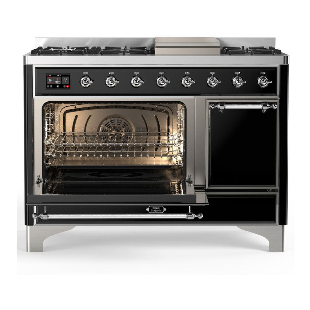 ILVE UM48FQNR3BKCLP Majestic III 48 inch Dual Fuel Range with 8 Burners and Griddle, Dual Function Burner up to 25,000 BTU (Liquid Propane, Solid Door, Glossy Black, Chrome) 6 ILVE-UM48FQNR3BKCLP-Primary Oven Open View