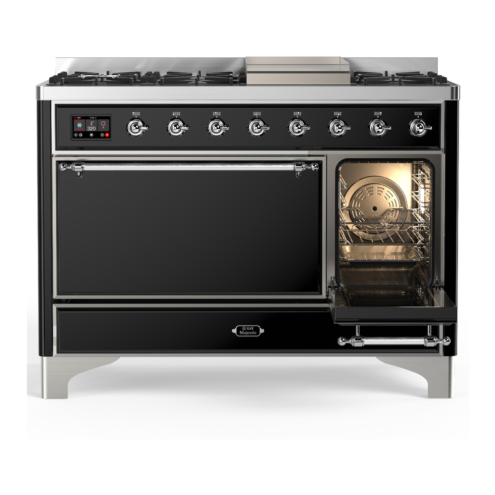 ILVE UM48FQNR3BKCLP Majestic III 48 inch Dual Fuel Range with 8 Burners and Griddle, Dual Function Burner up to 25,000 BTU (Liquid Propane, Solid Door, Glossy Black, Chrome) 7 ILVE-UM48FQNR3BKCLP-Secondary Oven Open View