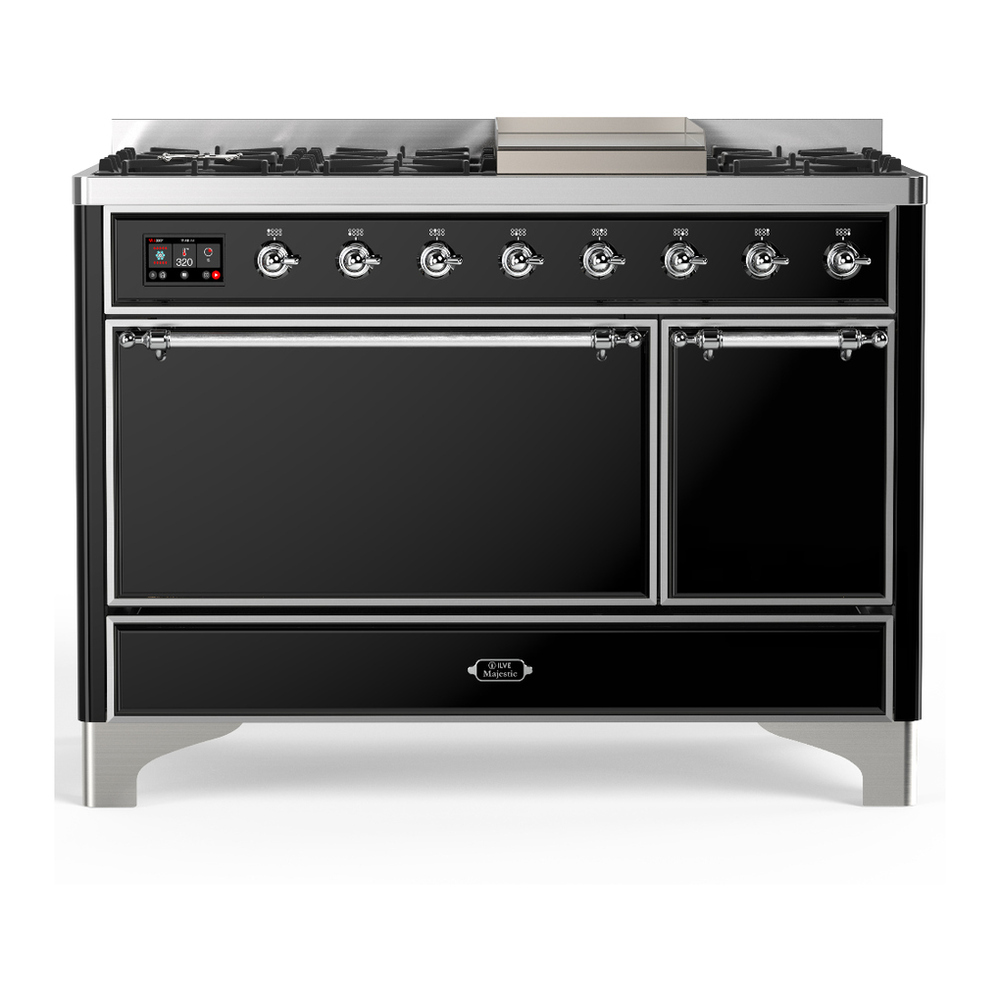 ILVE UM48FQNR3BKC Majestic III 48 inch Dual Fuel Range with 8 Burners and Griddle, Dual Function Burner up to 25,000 BTU (Natural Gas, Solid Door, Glossy Black, Chrome) 1 UM48FQNR3BKC