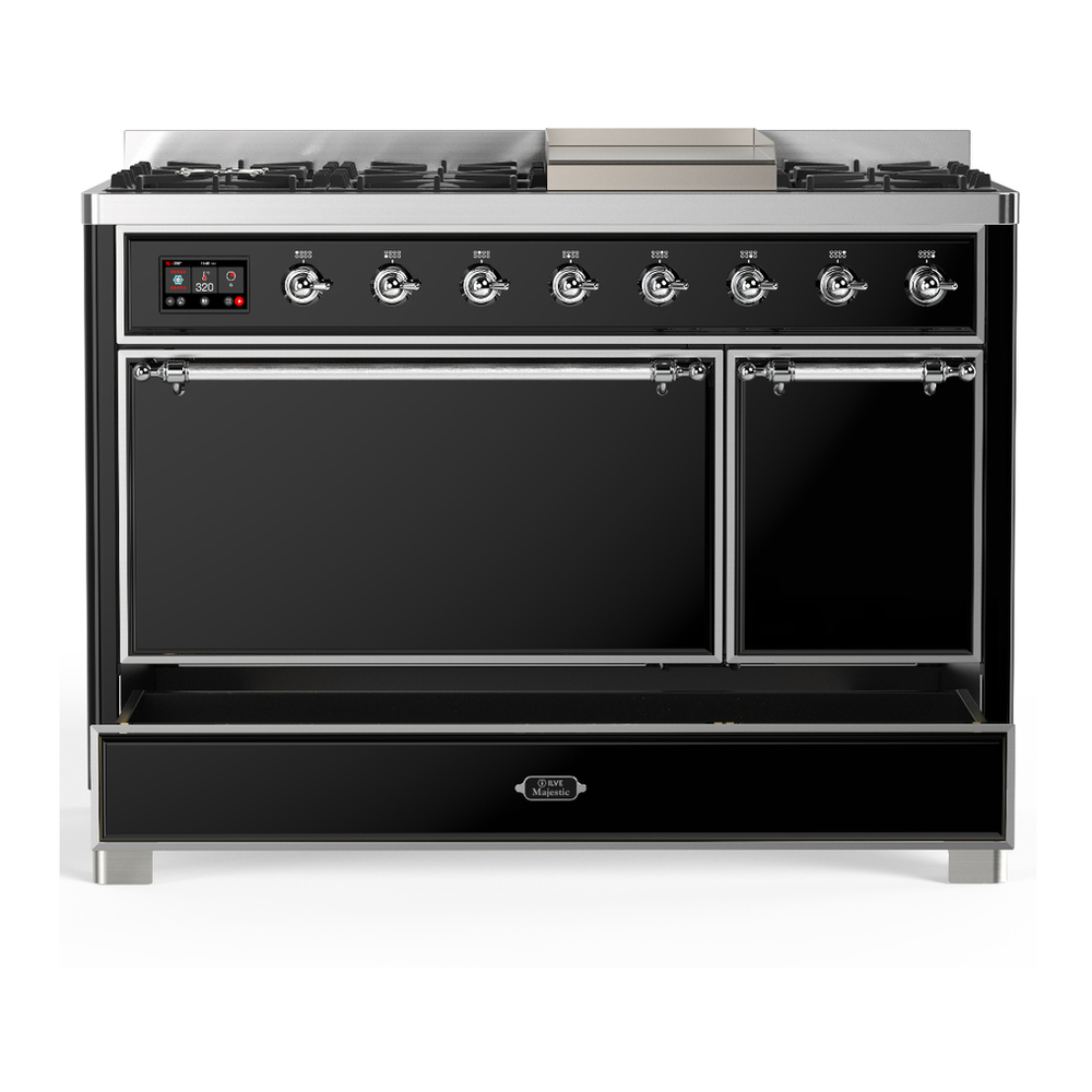 ILVE UM48FQNR3BKC Majestic III 48 inch Dual Fuel Range with 8 Burners and Griddle, Dual Function Burner up to 25,000 BTU (Natural Gas, Solid Door, Glossy Black, Chrome) 5 ILVE-UM48FQNR3BKC-Drawer Open View