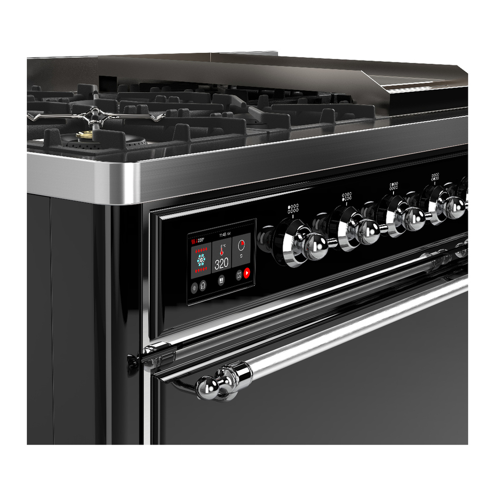 ILVE UM48FQNR3BKC Majestic III 48 inch Dual Fuel Range with 8 Burners and Griddle, Dual Function Burner up to 25,000 BTU (Natural Gas, Solid Door, Glossy Black, Chrome) 7 ILVE-UM48FQNR3BKC-Control Knobs View