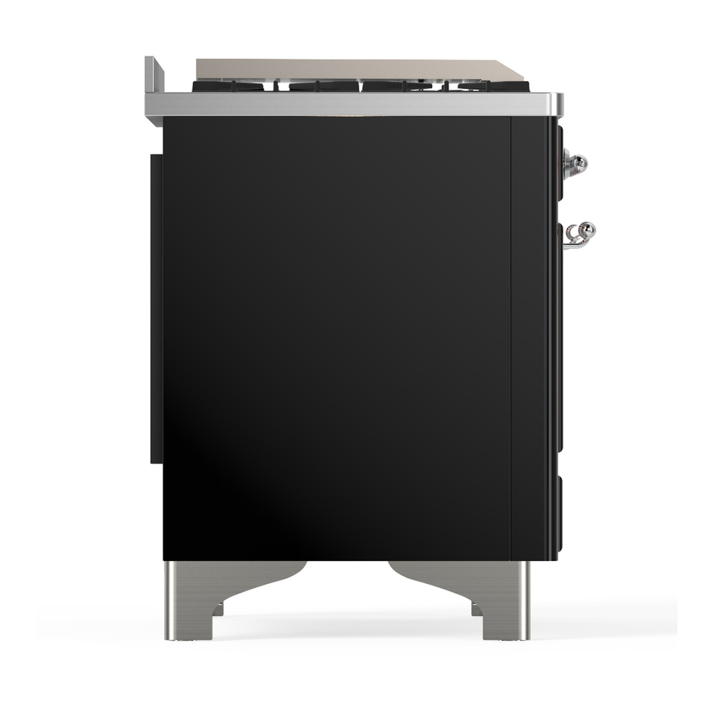 ILVE UM48FQNR3BKC Majestic III 48 inch Dual Fuel Range with 8 Burners and Griddle, Dual Function Burner up to 25,000 BTU (Natural Gas, Solid Door, Glossy Black, Chrome) 8 ILVE-UM48FQNR3BKC-Right Side View