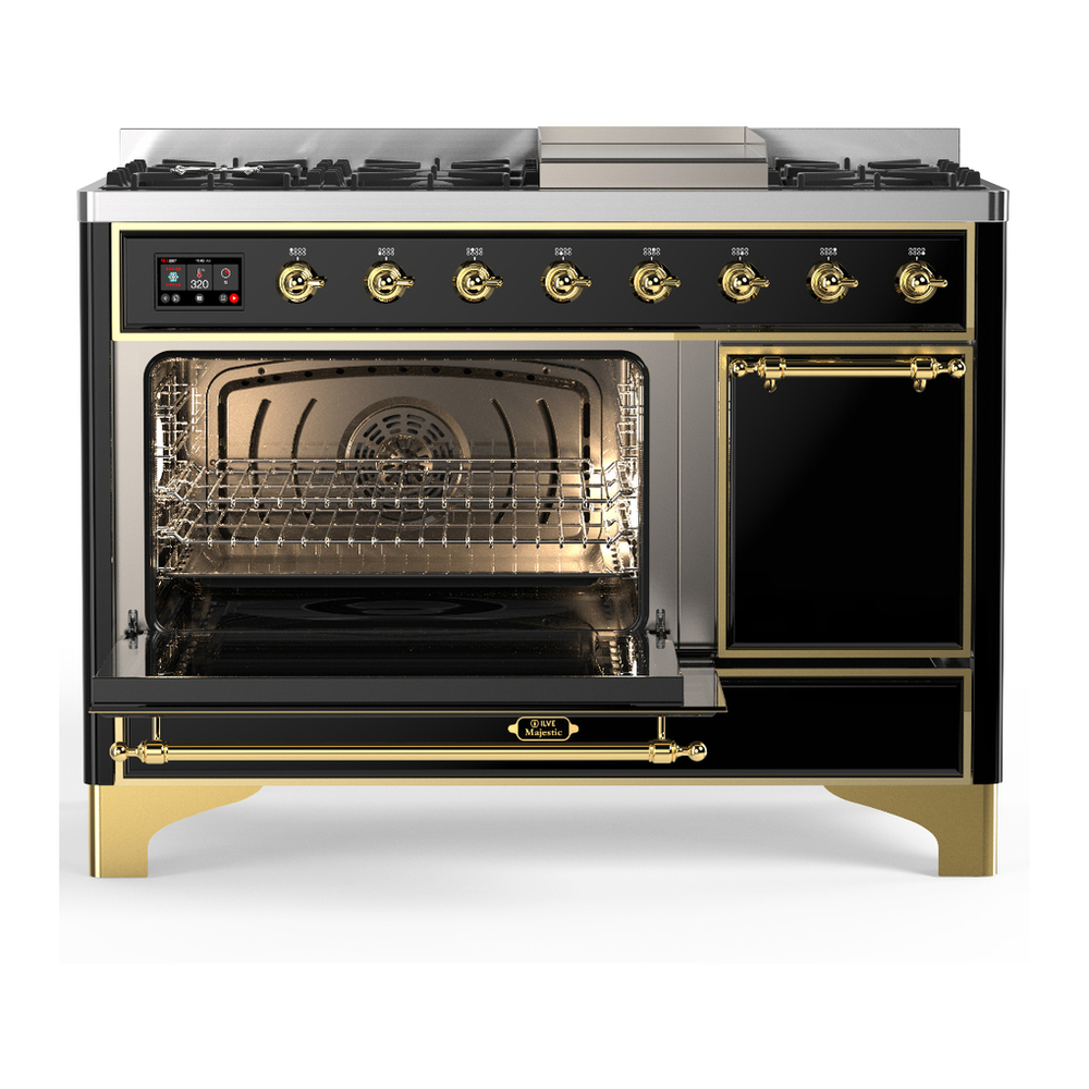 ILVE UM48FQNR3BKGLP Majestic III 48 inch Dual Fuel Range with 8 Burners and Griddle, Dual Function Burner up to 25,000 BTU (Liquid Propane, Solid Door, Glossy Black, Brass) 6 ILVE-UM48FQNR3BKGLP-Primary Oven Open View