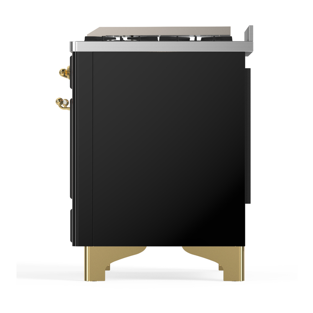 ILVE UM48FQNR3BKGLP Majestic III 48 inch Dual Fuel Range with 8 Burners and Griddle, Dual Function Burner up to 25,000 BTU (Liquid Propane, Solid Door, Glossy Black, Brass) 12 ILVE-UM48FQNR3BKGLP-Left Side View