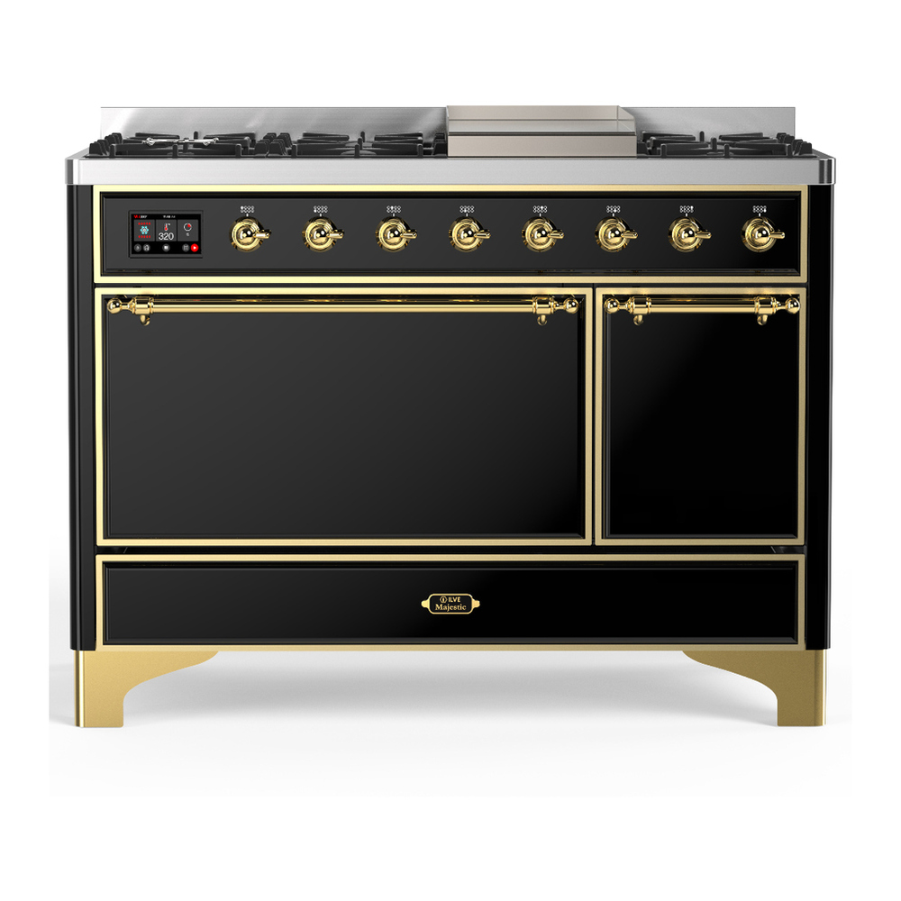 ILVE UM48FQNR3BKG Majestic III 48 inch Dual Fuel Range with 8 Burners and Griddle, Dual Function Burner up to 25,000 BTU (Natural Gas, Solid Door, Glossy Black, Brass) 1 UM48FQNR3BKG