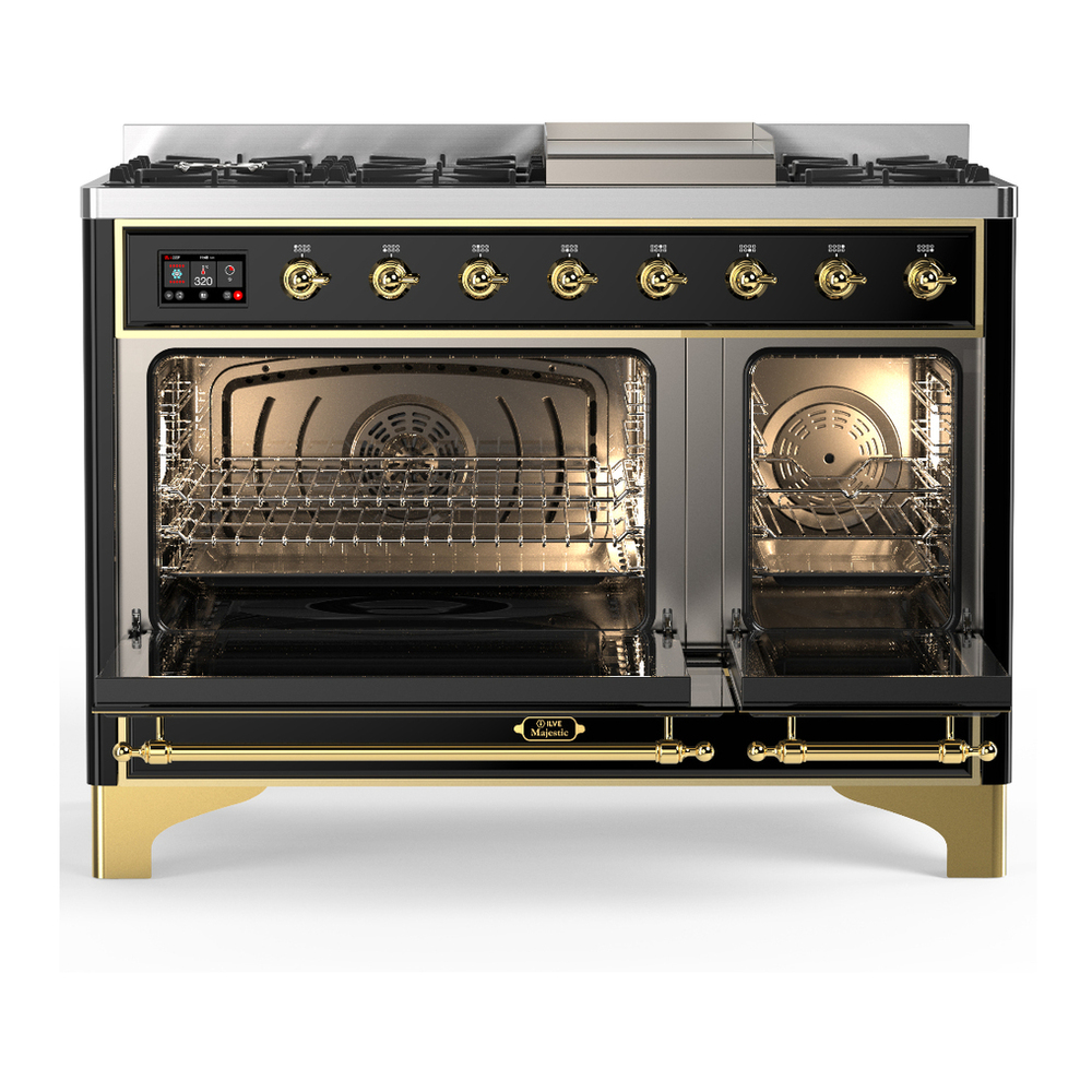 ILVE UM48FQNR3BKG Majestic III 48 inch Dual Fuel Range with 8 Burners and Griddle, Dual Function Burner up to 25,000 BTU (Natural Gas, Solid Door, Glossy Black, Brass) 5 ILVE-UM48FQNR3BKG-Double Oven Open View