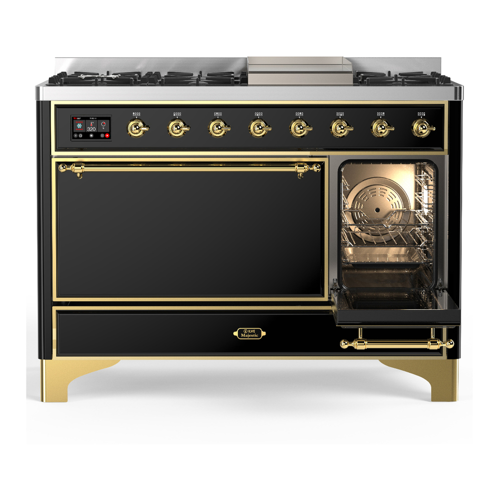 ILVE UM48FQNR3BKG Majestic III 48 inch Dual Fuel Range with 8 Burners and Griddle, Dual Function Burner up to 25,000 BTU (Natural Gas, Solid Door, Glossy Black, Brass) 4 ILVE-UM48FQNR3BKG-Secondary Oven Open View