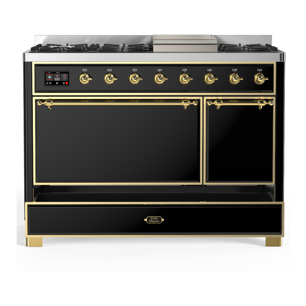 ILVE UM48FQNR3BKG Majestic III 48 inch Dual Fuel Range with 8 Burners and Griddle, Dual Function Burner up to 25,000 BTU (Natural Gas, Solid Door, Glossy Black, Brass) 5 ILVE-UM48FQNR3BKG-Drawer Open View