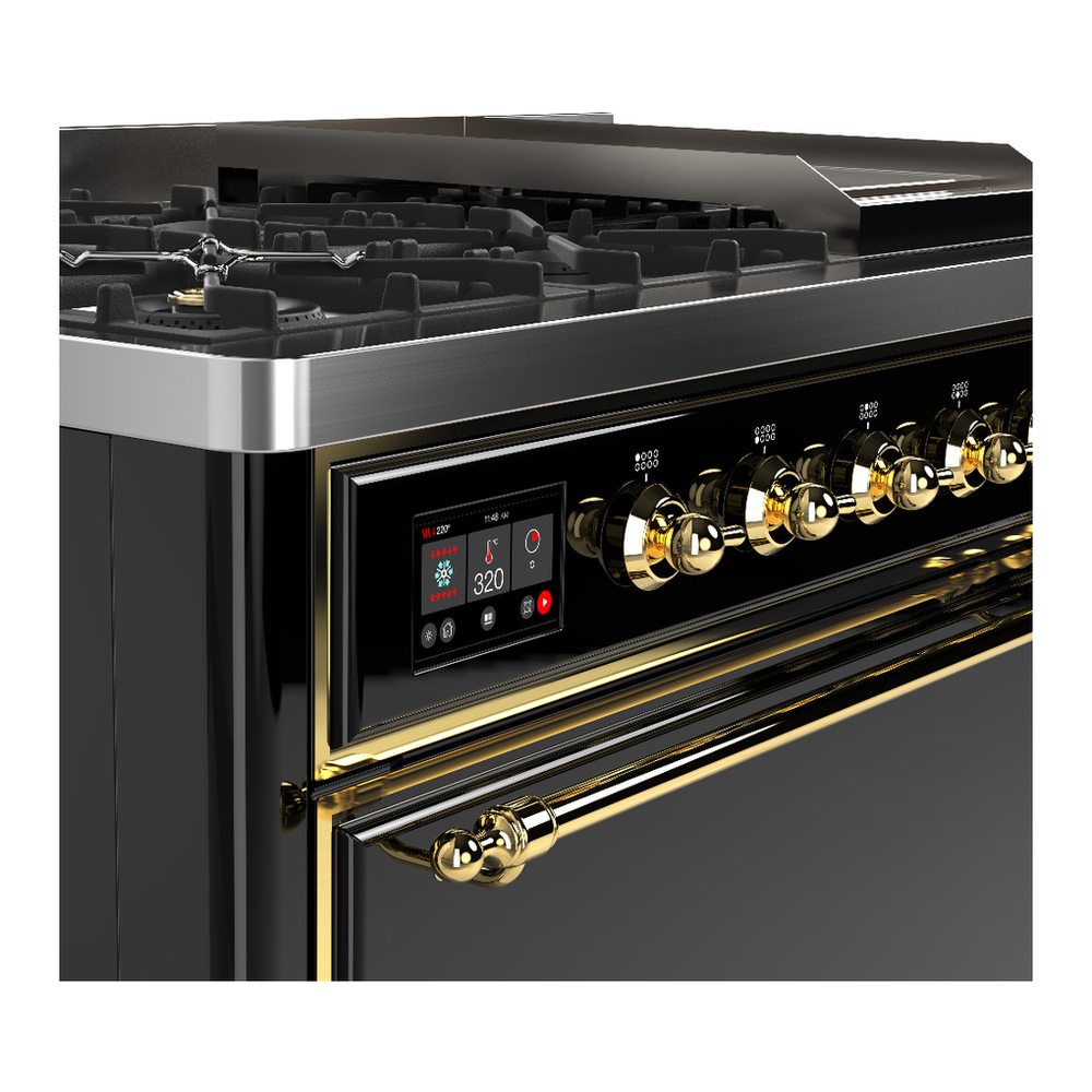 ILVE UM48FQNR3BKG Majestic III 48 inch Dual Fuel Range with 8 Burners and Griddle, Dual Function Burner up to 25,000 BTU (Natural Gas, Solid Door, Glossy Black, Brass) 7 ILVE-UM48FQNR3BKG-Control Knobs View
