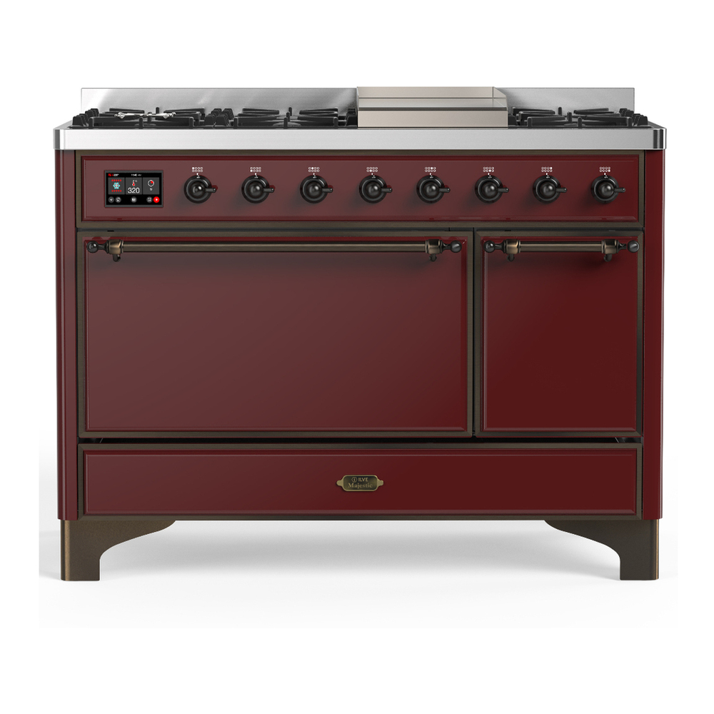 ILVE UM48FQNR3BUBLP Majestic III 48 inch Dual Fuel Range with 8 Burners and Griddle, Dual Function Burner up to 25,000 BTU (Liquid Propane, Solid Door, Burgundy, Burnished) 1 UM48FQNR3BUBLP