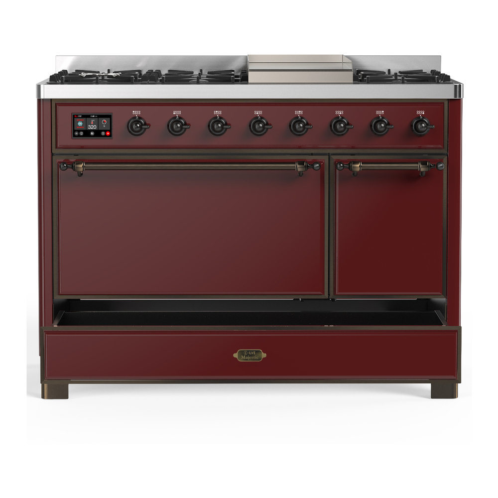 ILVE UM48FQNR3BUBLP Majestic III 48 inch Dual Fuel Range with 8 Burners and Griddle, Dual Function Burner up to 25,000 BTU (Liquid Propane, Solid Door, Burgundy, Burnished) 5 ILVE-UM48FQNR3BUBLP-Drawer Open View