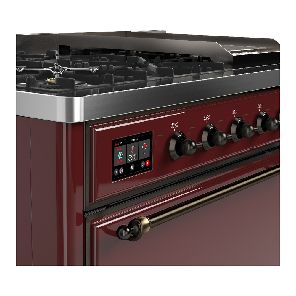 ILVE UM48FQNR3BUBLP Majestic III 48 inch Dual Fuel Range with 8 Burners and Griddle, Dual Function Burner up to 25,000 BTU (Liquid Propane, Solid Door, Burgundy, Burnished) 7 ILVE-UM48FQNR3BUBLP-Control Knobs View