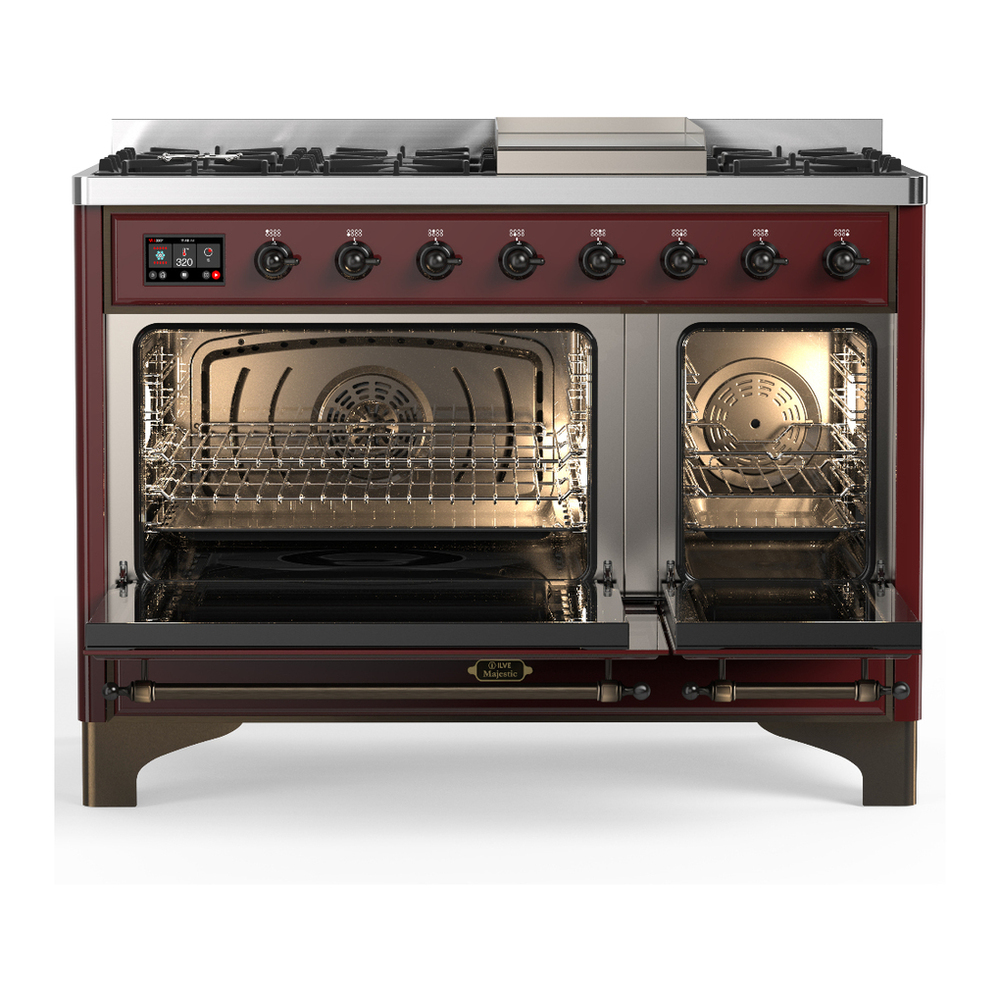 ILVE UM48FQNR3BUB Majestic III 48 inch Dual Fuel Range with 8 Burners and Griddle, Dual Function Burner up to 25,000 BTU (Natural Gas, Solid Door, Burgundy, Burnished) 2 ILVE-UM48FQNR3BUB-Double Oven Open View