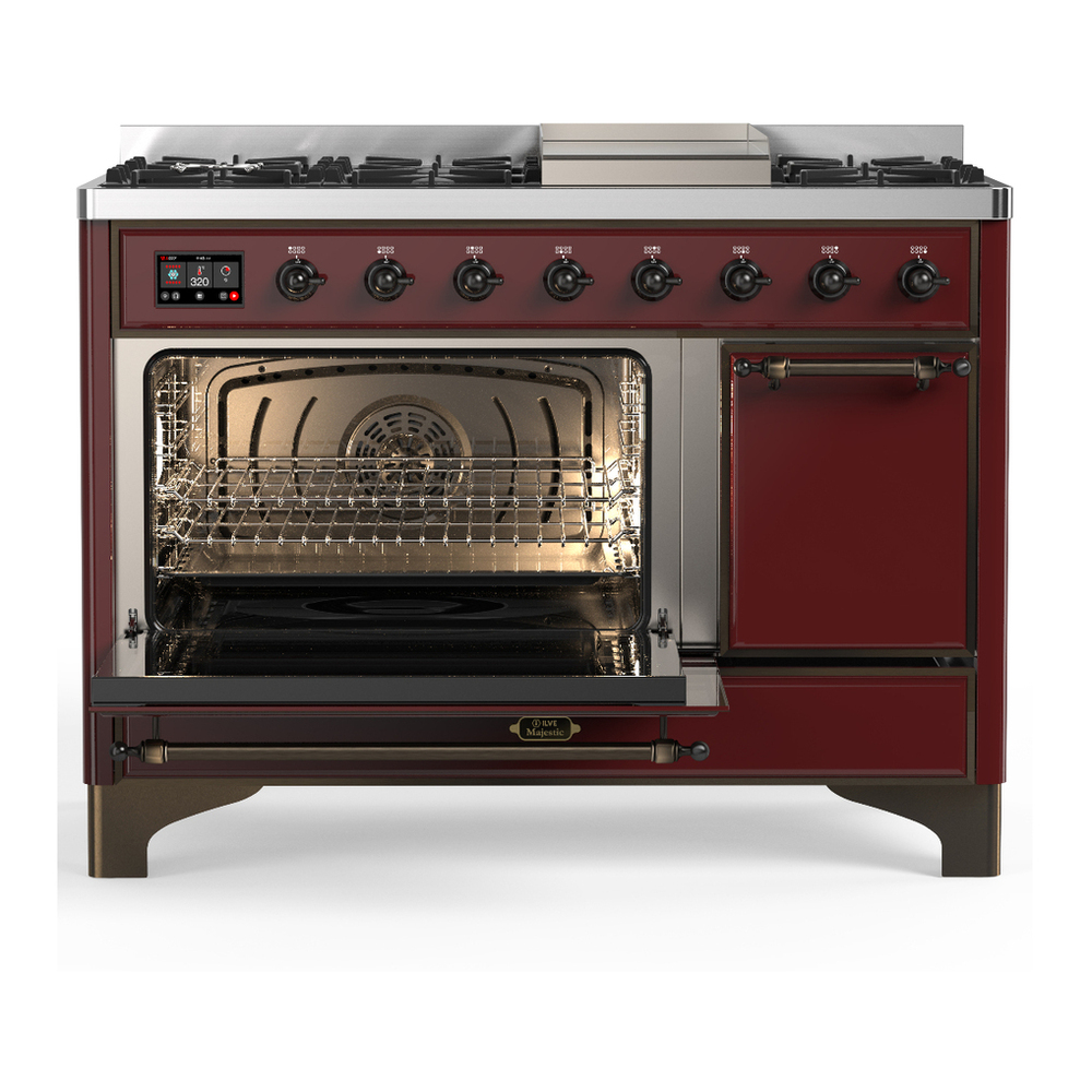ILVE UM48FQNR3BUB Majestic III 48 inch Dual Fuel Range with 8 Burners and Griddle, Dual Function Burner up to 25,000 BTU (Natural Gas, Solid Door, Burgundy, Burnished) 3 ILVE-UM48FQNR3BUB-Primary Oven Open View