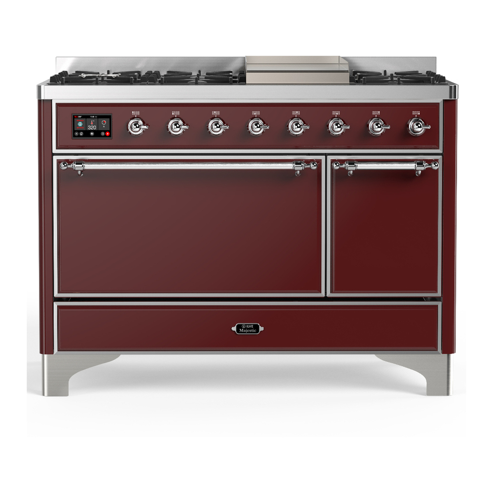 ILVE UM48FQNR3BUC Majestic III 48 inch Dual Fuel Range with 8 Burners and Griddle, Dual Function Burner up to 25,000 BTU (Natural Gas, Solid Door, Burgundy, Chrome) 1 UM48FQNR3BUC