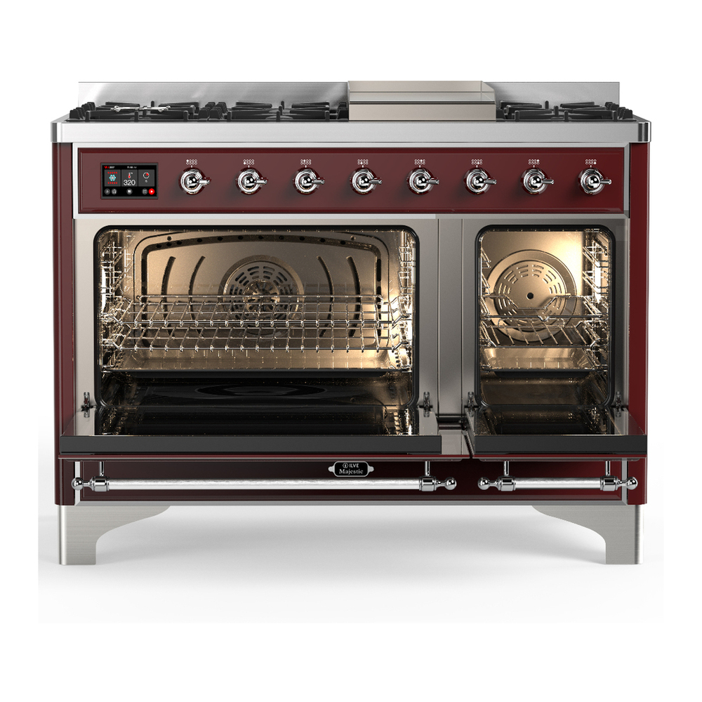 ILVE UM48FQNR3BUC Majestic III 48 inch Dual Fuel Range with 8 Burners and Griddle, Dual Function Burner up to 25,000 BTU (Natural Gas, Solid Door, Burgundy, Chrome) 5 ILVE-UM48FQNR3BUC-Double Oven Open View