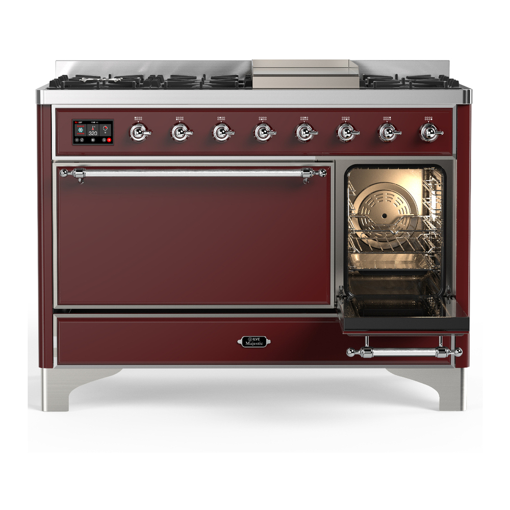 ILVE UM48FQNR3BUC Majestic III 48 inch Dual Fuel Range with 8 Burners and Griddle, Dual Function Burner up to 25,000 BTU (Natural Gas, Solid Door, Burgundy, Chrome) 4 ILVE-UM48FQNR3BUC-Secondary Oven Open View