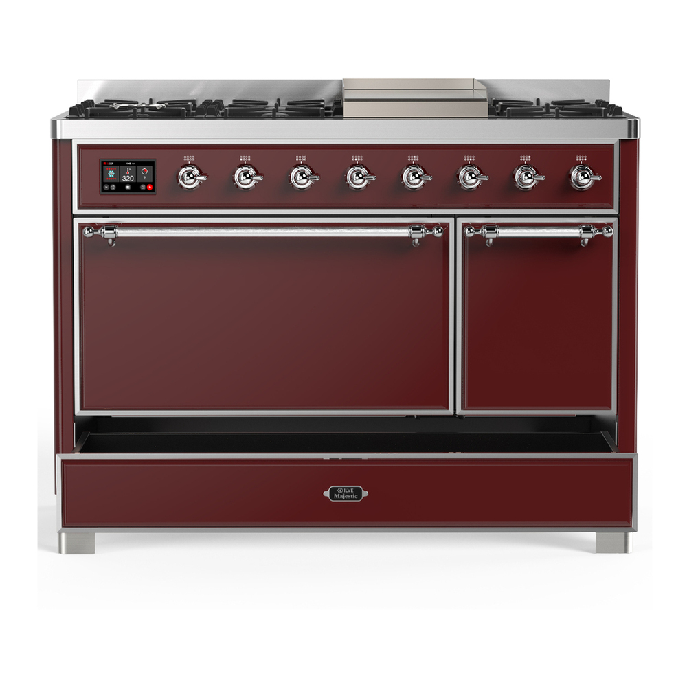 ILVE UM48FQNR3BUC Majestic III 48 inch Dual Fuel Range with 8 Burners and Griddle, Dual Function Burner up to 25,000 BTU (Natural Gas, Solid Door, Burgundy, Chrome) 5 ILVE-UM48FQNR3BUC-Drawer Open View