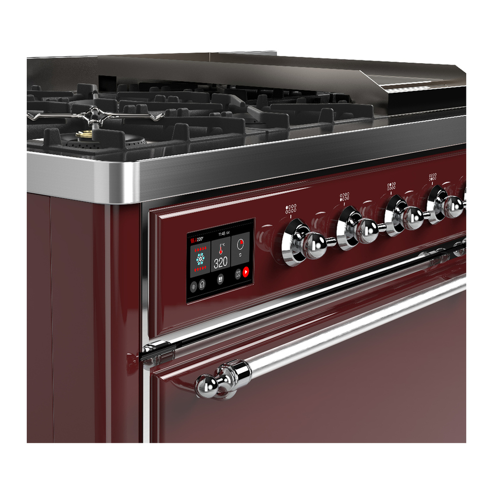 ILVE UM48FQNR3BUC Majestic III 48 inch Dual Fuel Range with 8 Burners and Griddle, Dual Function Burner up to 25,000 BTU (Natural Gas, Solid Door, Burgundy, Chrome) 7 ILVE-UM48FQNR3BUC-Control Knobs View