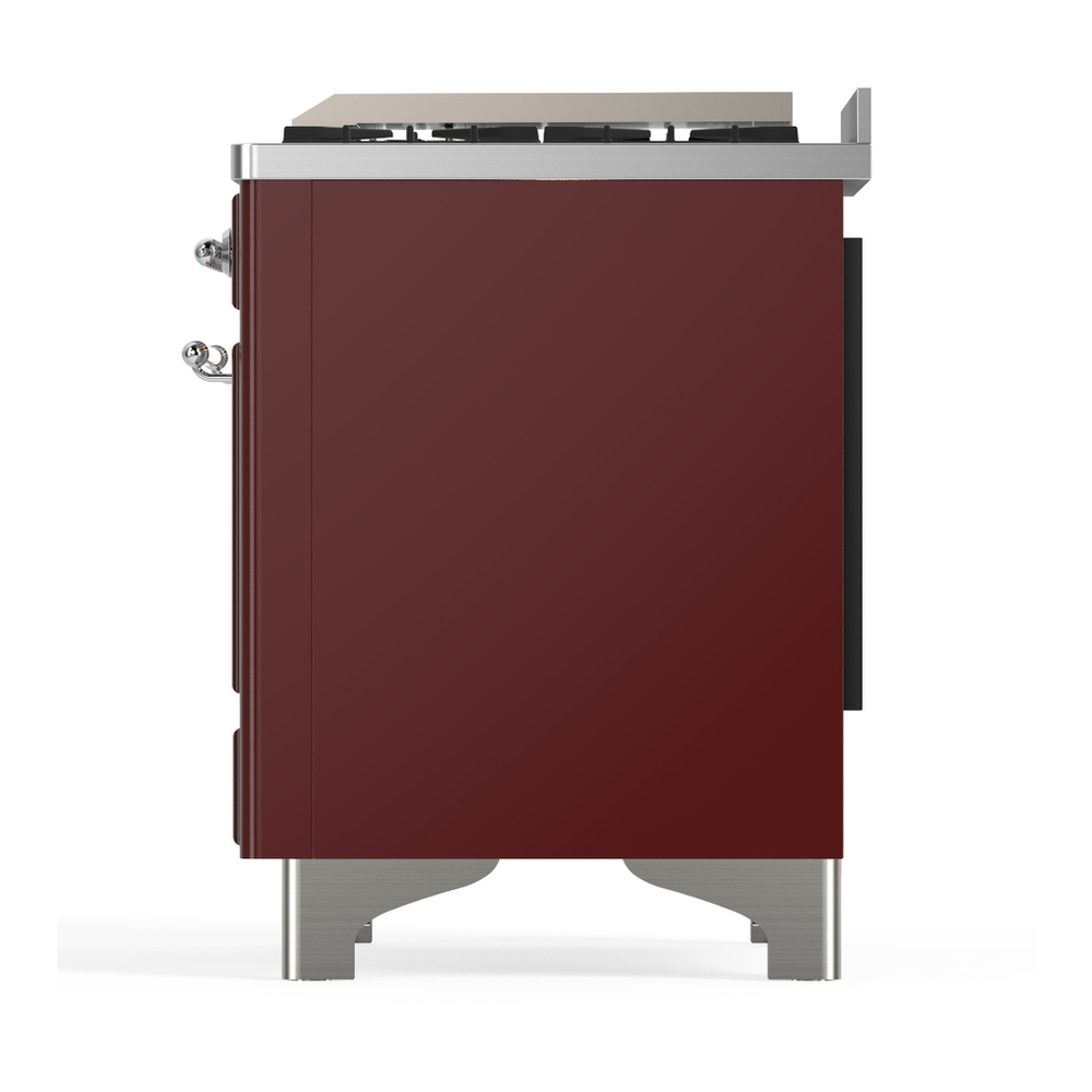 ILVE UM48FQNR3BUC Majestic III 48 inch Dual Fuel Range with 8 Burners and Griddle, Dual Function Burner up to 25,000 BTU (Natural Gas, Solid Door, Burgundy, Chrome) 12 ILVE-UM48FQNR3BUC-Left Side View
