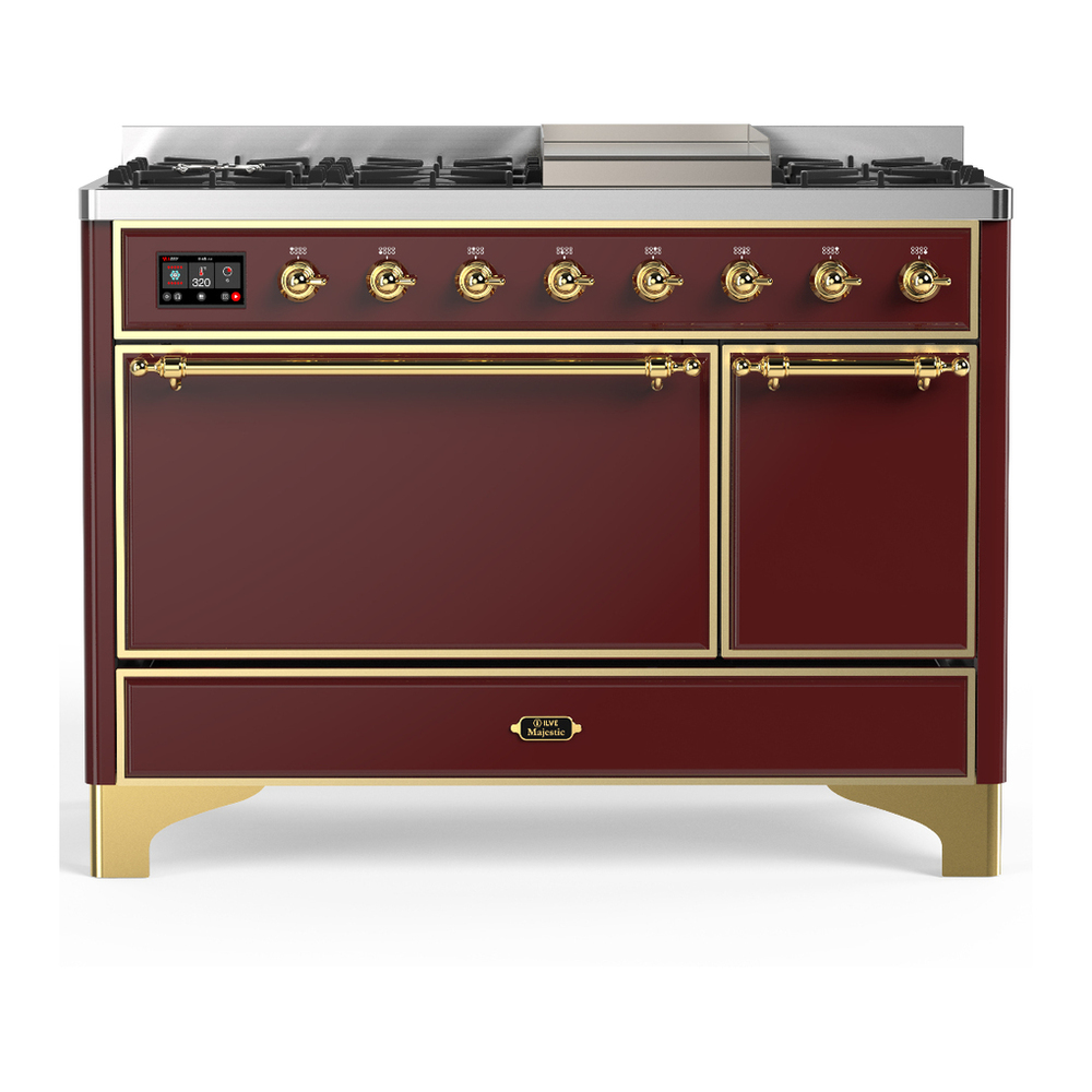 ILVE UM48FQNR3BUGLP Majestic III 48 inch Dual Fuel Range with 8 Burners and Griddle, Dual Function Burner up to 25,000 BTU (Liquid Propane, Solid Door, Burgundy, Brass) 1 UM48FQNR3BUGLP