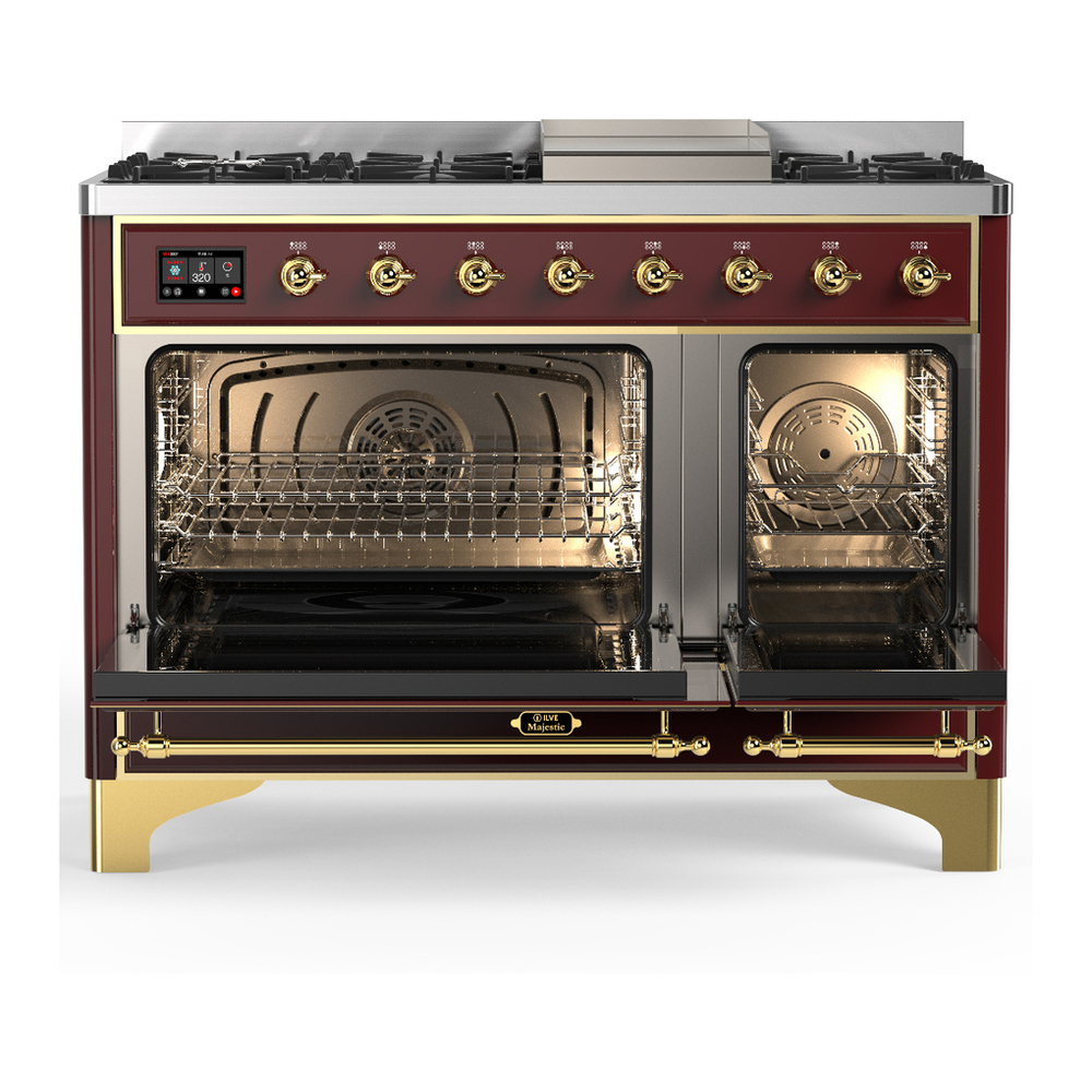 ILVE UM48FQNR3BUGLP Majestic III 48 inch Dual Fuel Range with 8 Burners and Griddle, Dual Function Burner up to 25,000 BTU (Liquid Propane, Solid Door, Burgundy, Brass) 2 ILVE-UM48FQNR3BUGLP-Double Oven Open View