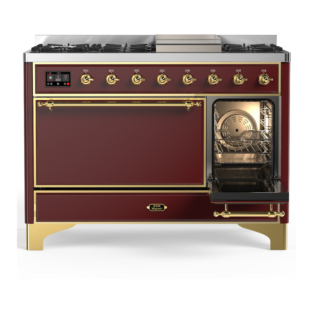 ILVE UM48FQNR3BUGLP Majestic III 48 inch Dual Fuel Range with 8 Burners and Griddle, Dual Function Burner up to 25,000 BTU (Liquid Propane, Solid Door, Burgundy, Brass) 7 ILVE-UM48FQNR3BUGLP-Secondary Oven Open View