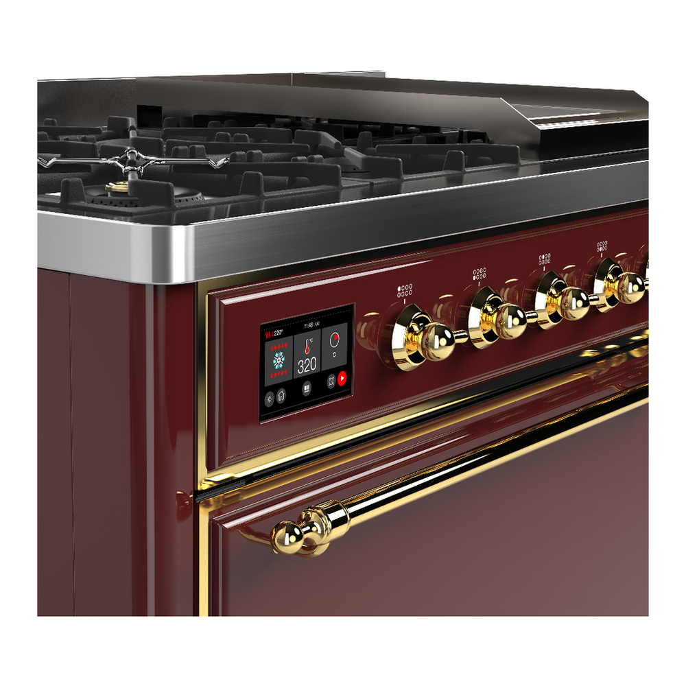 ILVE UM48FQNR3BUGLP Majestic III 48 inch Dual Fuel Range with 8 Burners and Griddle, Dual Function Burner up to 25,000 BTU (Liquid Propane, Solid Door, Burgundy, Brass) 10 ILVE-UM48FQNR3BUGLP-Control Knobs View