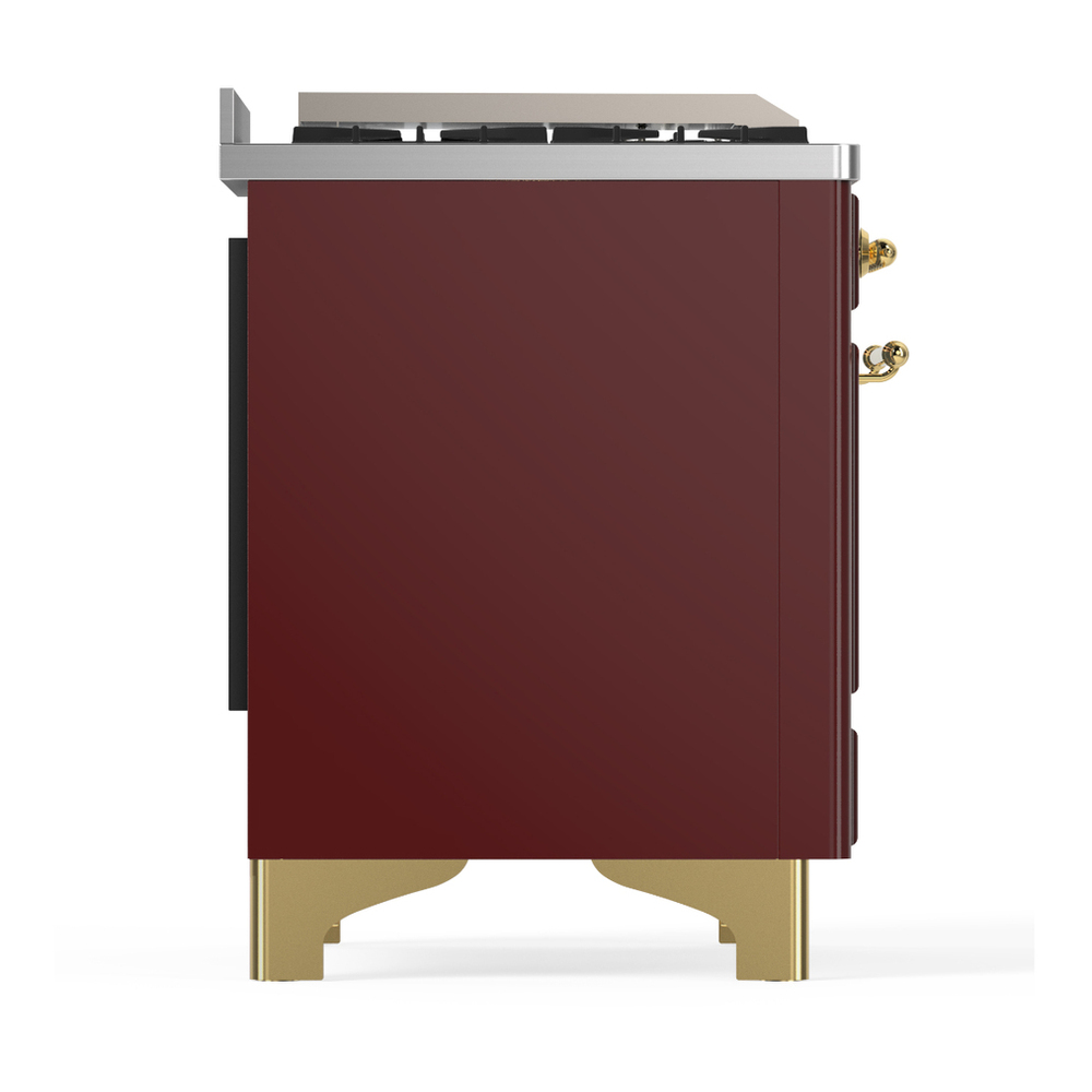 ILVE UM48FQNR3BUGLP Majestic III 48 inch Dual Fuel Range with 8 Burners and Griddle, Dual Function Burner up to 25,000 BTU (Liquid Propane, Solid Door, Burgundy, Brass) 11 ILVE-UM48FQNR3BUGLP-Right Side View