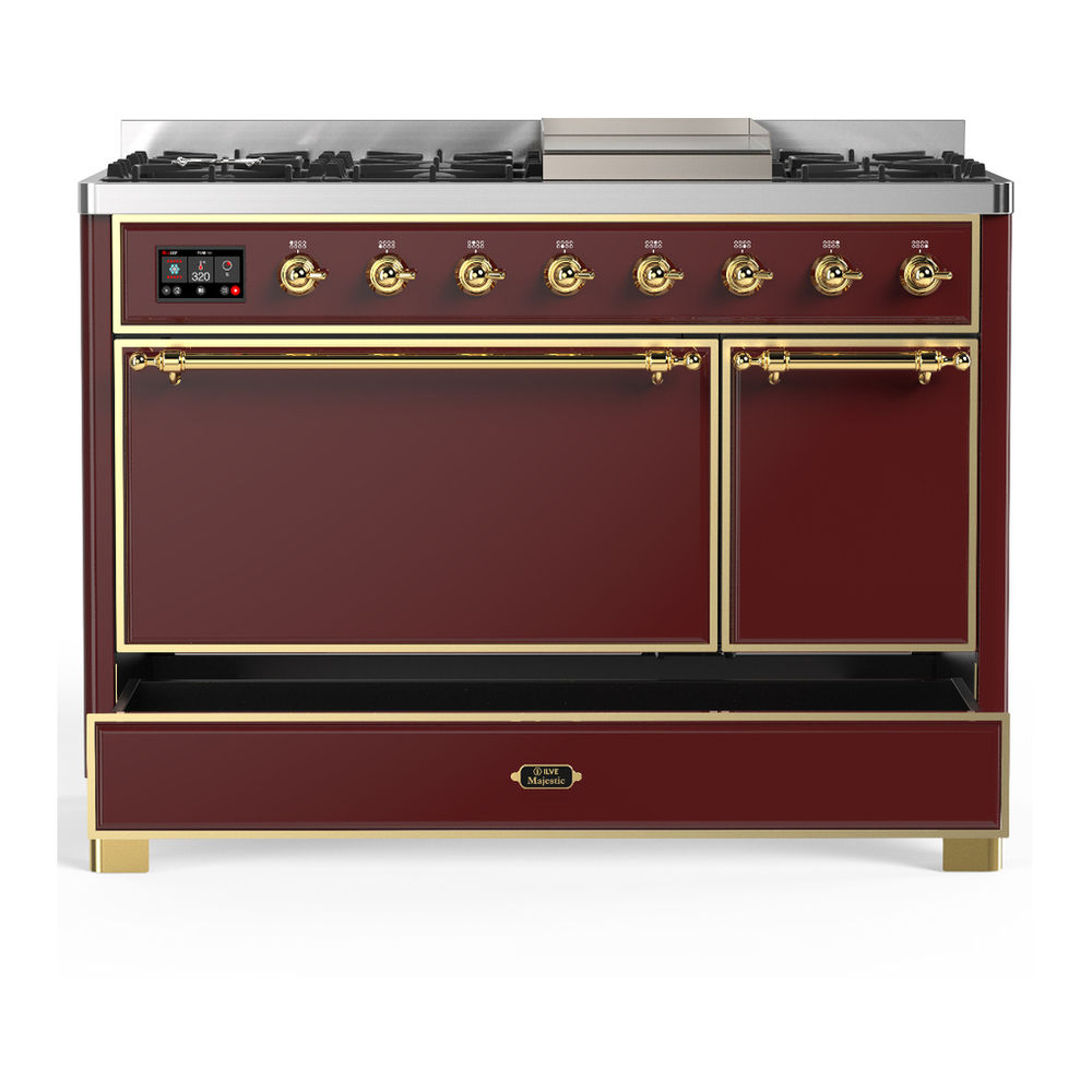 ILVE UM48FQNR3BUG Majestic III 48 inch Dual Fuel Range with 8 Burners and Griddle, Dual Function Burner up to 25,000 BTU (Natural Gas, Solid Door, Burgundy, Brass) 5 ILVE-UM48FQNR3BUG-Drawer Open View