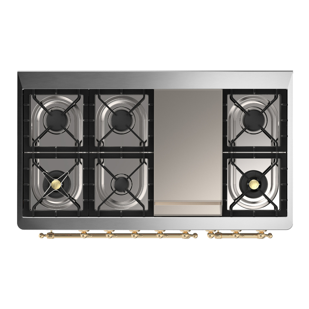 ILVE UM48FQNR3BUG Majestic III 48 inch Dual Fuel Range with 8 Burners and Griddle, Dual Function Burner up to 25,000 BTU (Natural Gas, Solid Door, Burgundy, Brass) 9 ILVE-UM48FQNR3BUG-Top View