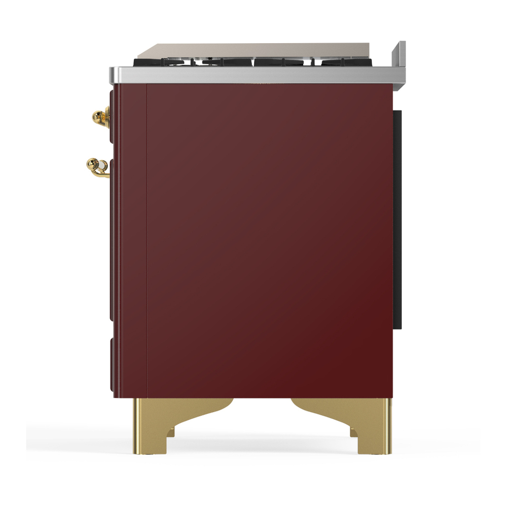 ILVE UM48FQNR3BUG Majestic III 48 inch Dual Fuel Range with 8 Burners and Griddle, Dual Function Burner up to 25,000 BTU (Natural Gas, Solid Door, Burgundy, Brass) 9 ILVE-UM48FQNR3BUG-Left Side View