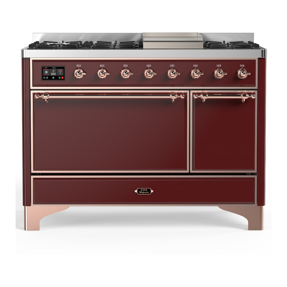 ILVE UM48FQNR3BUPLP Majestic III 48 inch Dual Fuel Range with 8 Burners and Griddle, Dual Function Burner up to 25,000 BTU (Liquid Propane, Solid Door, Burgundy, Copper) 1 UM48FQNR3BUPLP