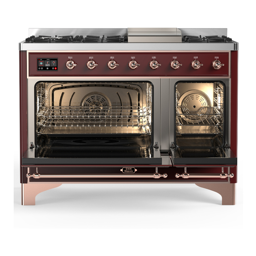ILVE UM48FQNR3BUPLP Majestic III 48 inch Dual Fuel Range with 8 Burners and Griddle, Dual Function Burner up to 25,000 BTU (Liquid Propane, Solid Door, Burgundy, Copper) 5 ILVE-UM48FQNR3BUPLP-Double Oven Open View