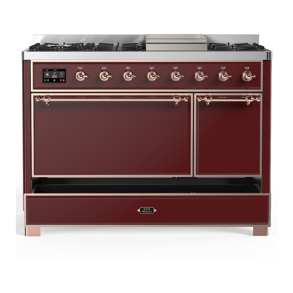 ILVE UM48FQNR3BUPLP Majestic III 48 inch Dual Fuel Range with 8 Burners and Griddle, Dual Function Burner up to 25,000 BTU (Liquid Propane, Solid Door, Burgundy, Copper) 5 ILVE-UM48FQNR3BUPLP-Drawer Open View