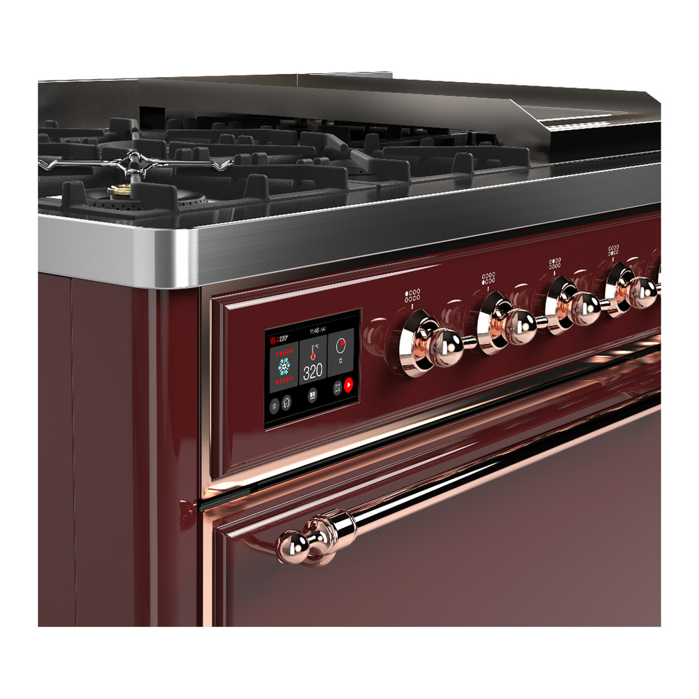 ILVE UM48FQNR3BUPLP Majestic III 48 inch Dual Fuel Range with 8 Burners and Griddle, Dual Function Burner up to 25,000 BTU (Liquid Propane, Solid Door, Burgundy, Copper) 7 ILVE-UM48FQNR3BUPLP-Control Knobs View